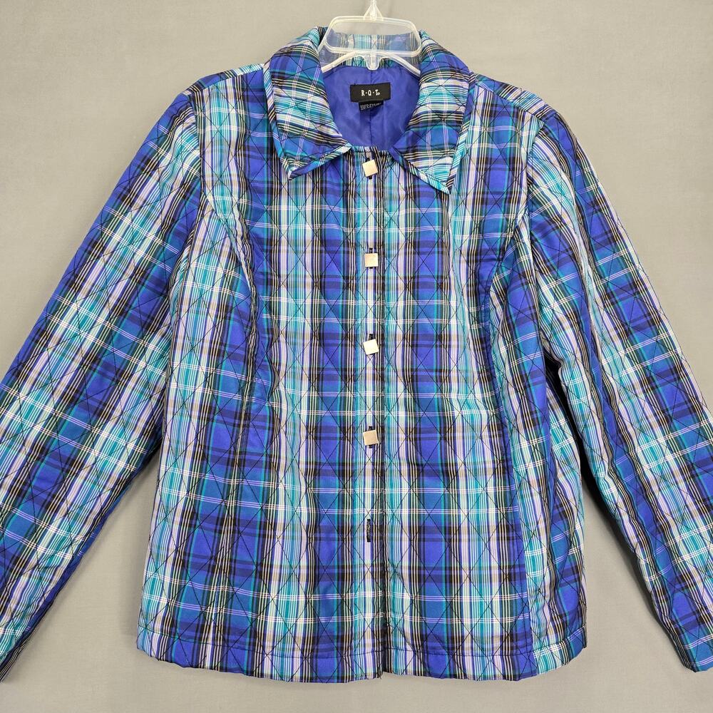 RQT Blue Plaid Quilted Jacket Classic Button Up Long Sleeves Lined Womens Size L
